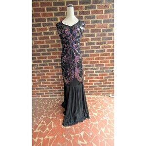Beaded Sequin Mermaid Gown Formal Prom Evening Maxi Dress-Black-M/L